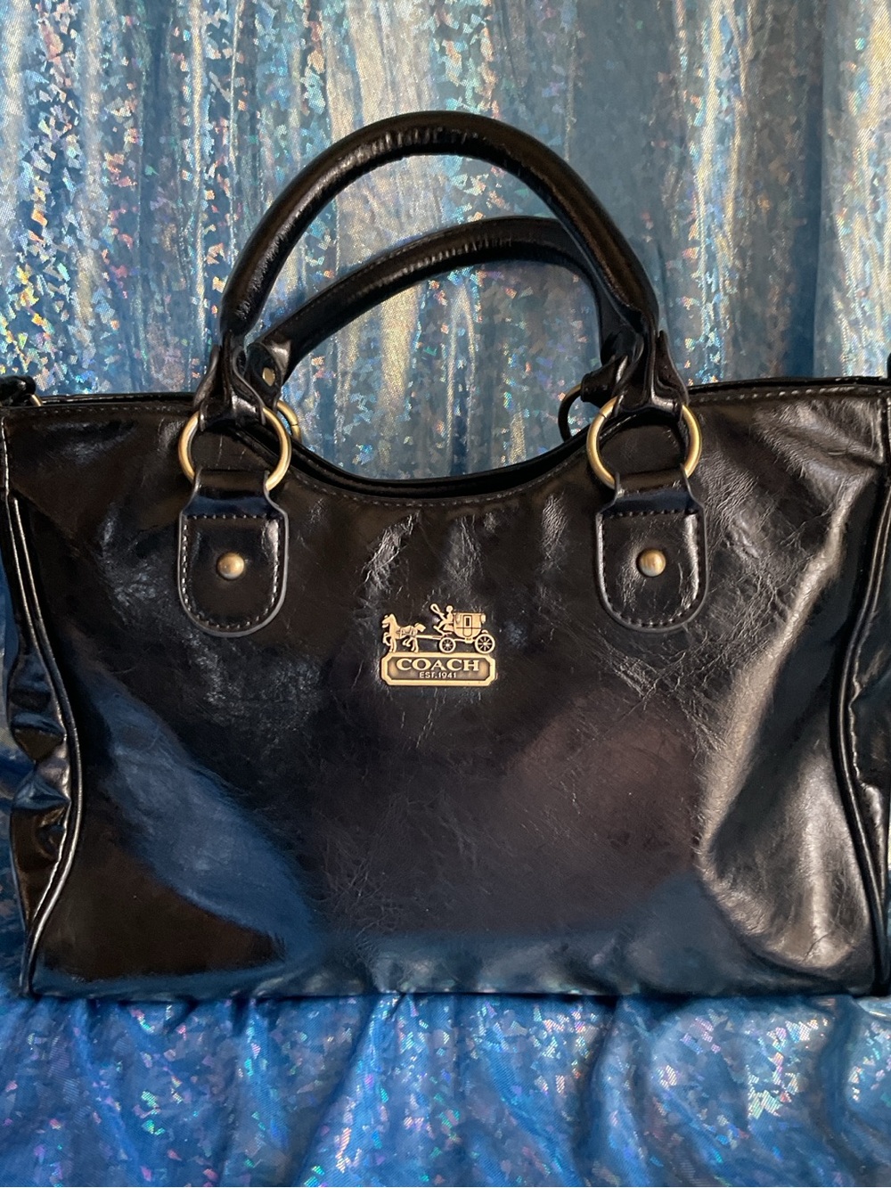 Coach Black Patent Leather Satchel with Gold Logo Hardware Vintage
